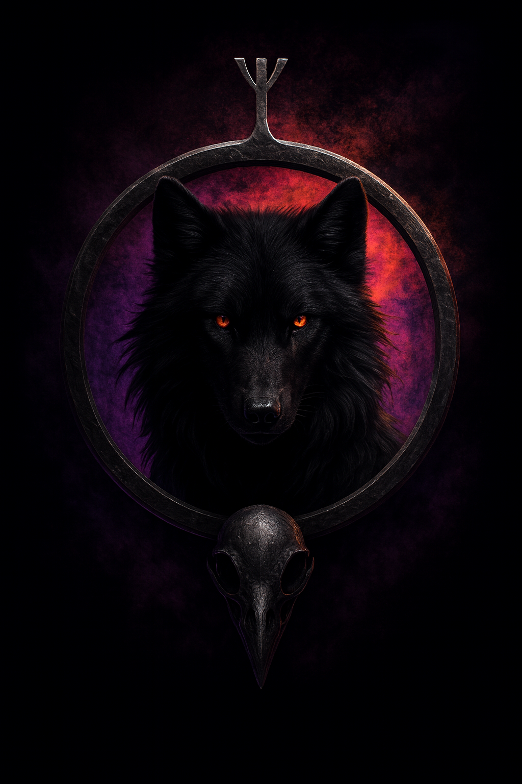 Ein schwarzer Wolf mit glühend orangen Augen blickt intensiv aus einem dunklen Kreis mit violett-rotem Hintergrund. Über ihm steht die Algiz-Rune als Schutzsymbol, darunter ein Rabenschädel. Mystisches, düster-romantisches Artwork in magischen Farben von Purpur, Rot und Schwarz.