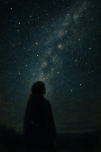 Silhouette einer Frau, die in der Nacht in den funkelnden Sternenhimmel und die Milchstraße schaut – Symbol für die wahre siderische Astrologie und die Verbindung zum echten Kosmos.