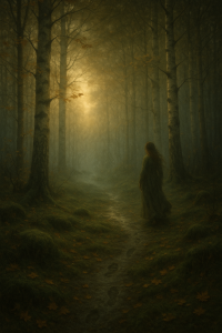 Mystischer Herbstmorgen im nordischen Wald mit sanftem Nebel und goldenem Licht zwischen Birken, eine Frau in dunklem Gewand geht den moosbewachsenen Pfad entlang – Symbol für Ruhe, Erdung und innere Balance.